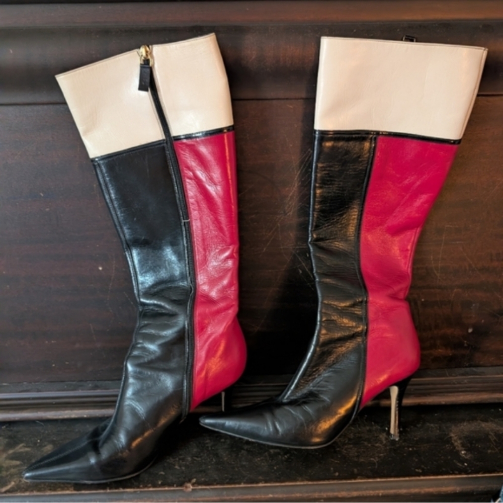 Kate Spade Made In Italy Vintage Leather Black and Red Heeled Boots EUC - Picture 3 of 10